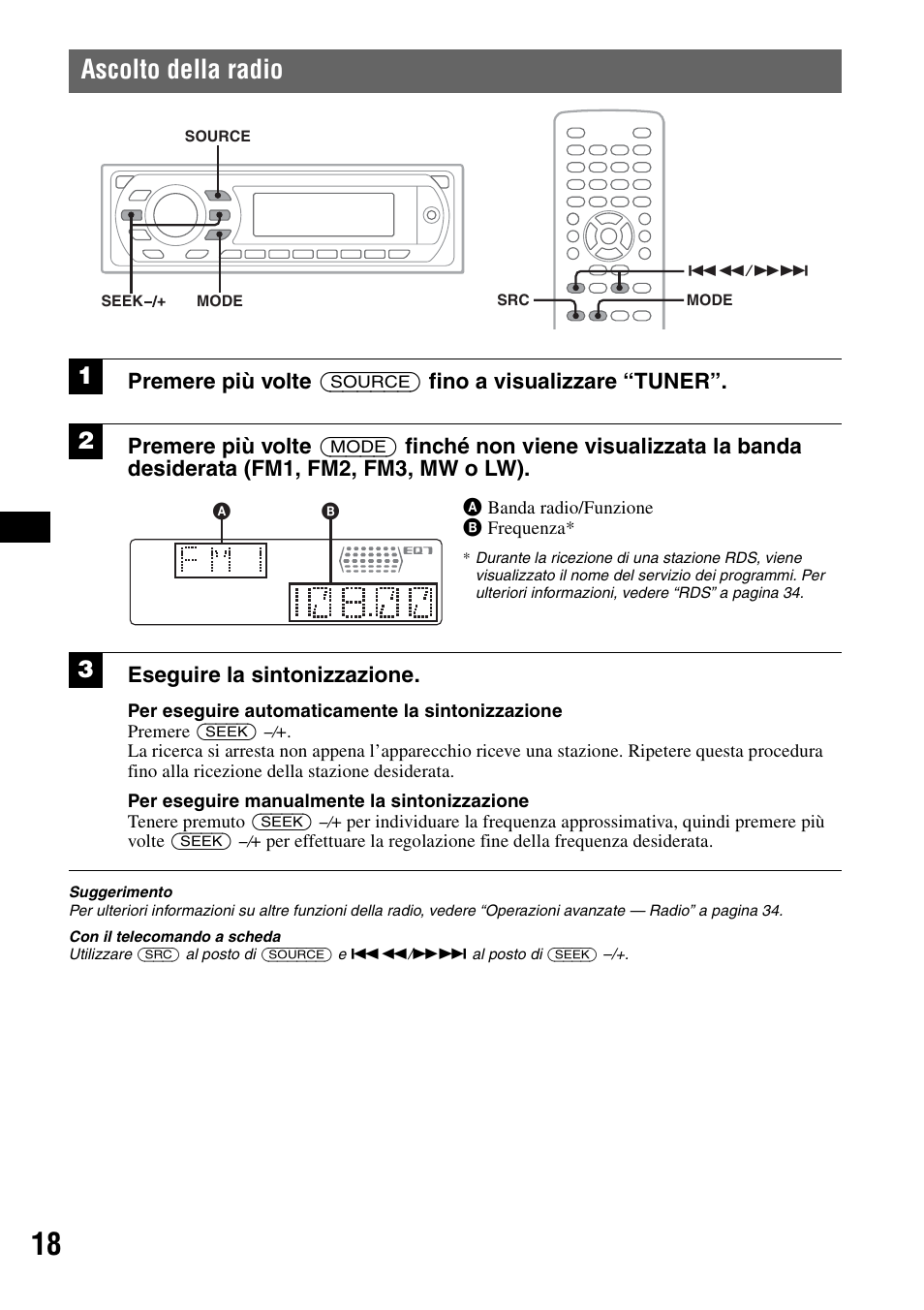 Ascolto della radio, Eseguire la sintonizzazione | Sony MEX-DV1000 User Manual | Page 196 / 300