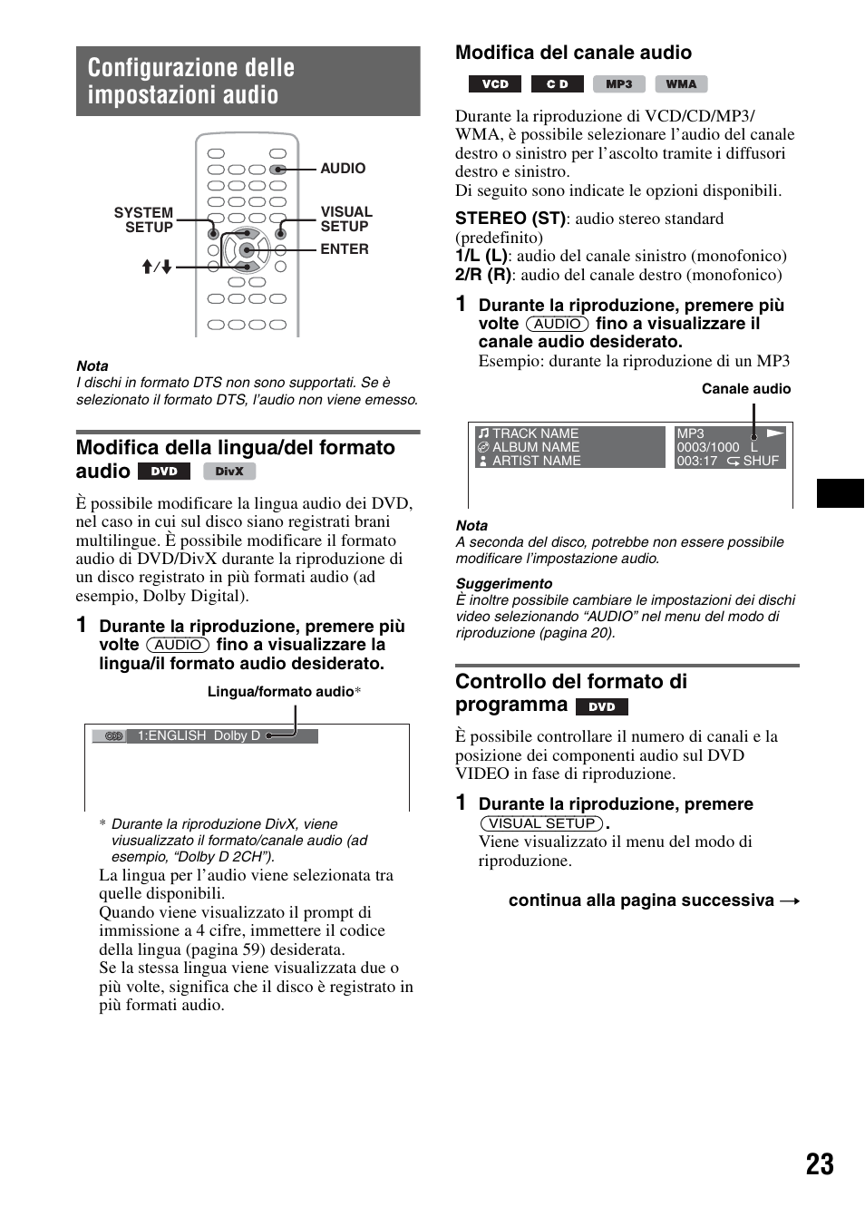 Configurazione delle impostazioni audio, Modifica della lingua/del formato audio, Controllo del formato di programma | Modifica del canale audio | Sony MEX-DV1000 User Manual | Page 201 / 300