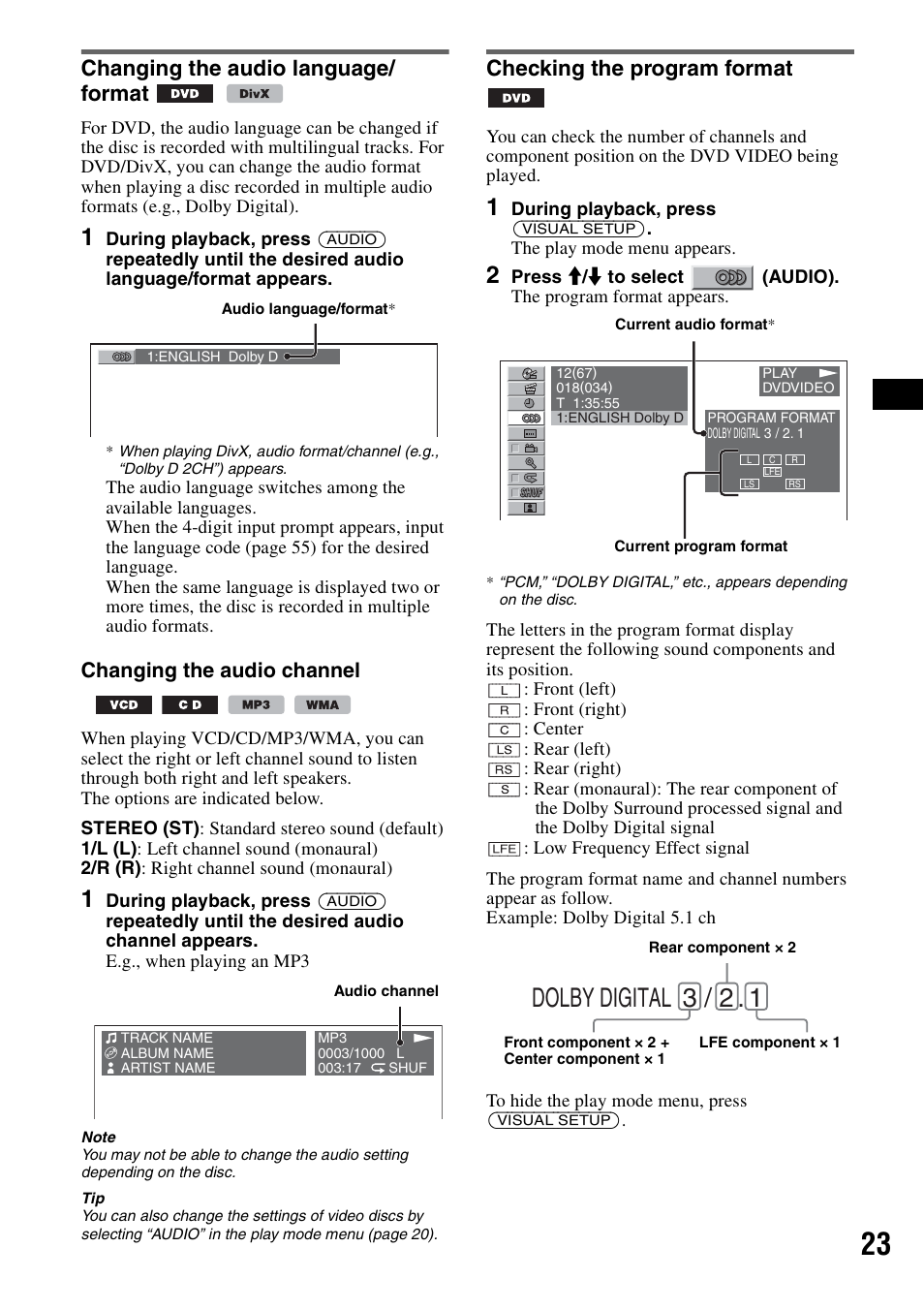 Changing the audio language/ format, Checking the program format, Dolby digital 3 / 2 | Changing the audio channel | Sony MEX-DV1000 User Manual | Page 23 / 300