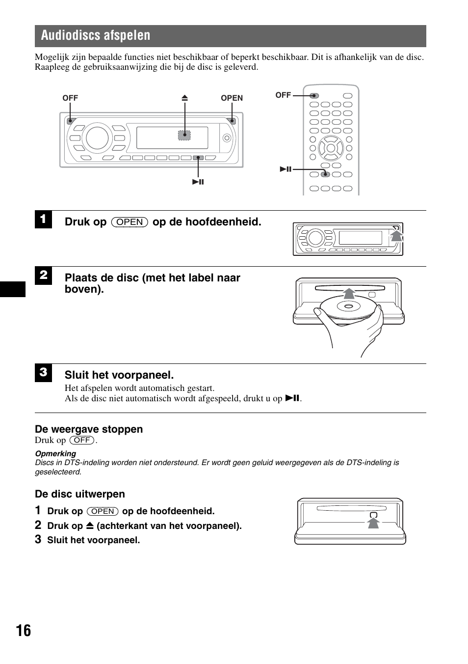 Audiodiscs afspelen, Druk op (open) op de hoofdeenheid, Plaats de disc (met het label naar boven) | Sluit het voorpaneel | Sony MEX-DV1000 User Manual | Page 254 / 300