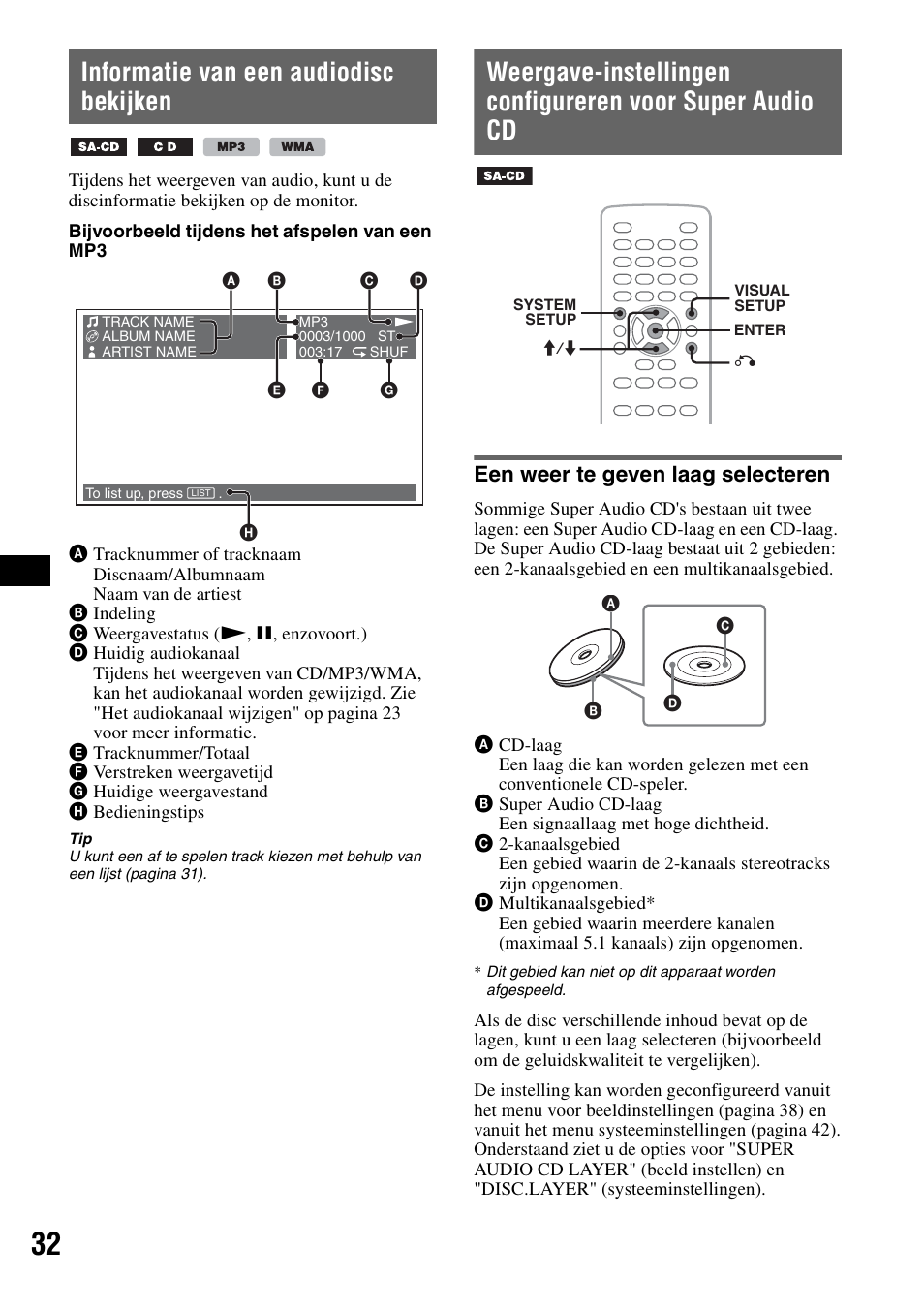 Informatie van een audiodisc bekijken, Een weer te geven laag selecteren | Sony MEX-DV1000 User Manual | Page 270 / 300