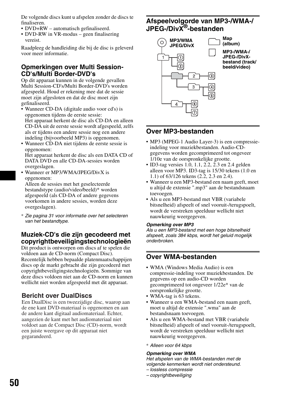 Over mp3-bestanden, Over wma-bestanden, Afspeelvolgorde van mp3-/wma-/jpeg-/ divx | Bestanden, Over mp3-bestanden over wma-bestanden, Afspeelvolgorde van mp3-/wma-/ jpeg-/divx, Bestanden over mp3-bestanden | Sony MEX-DV1000 User Manual | Page 288 / 300