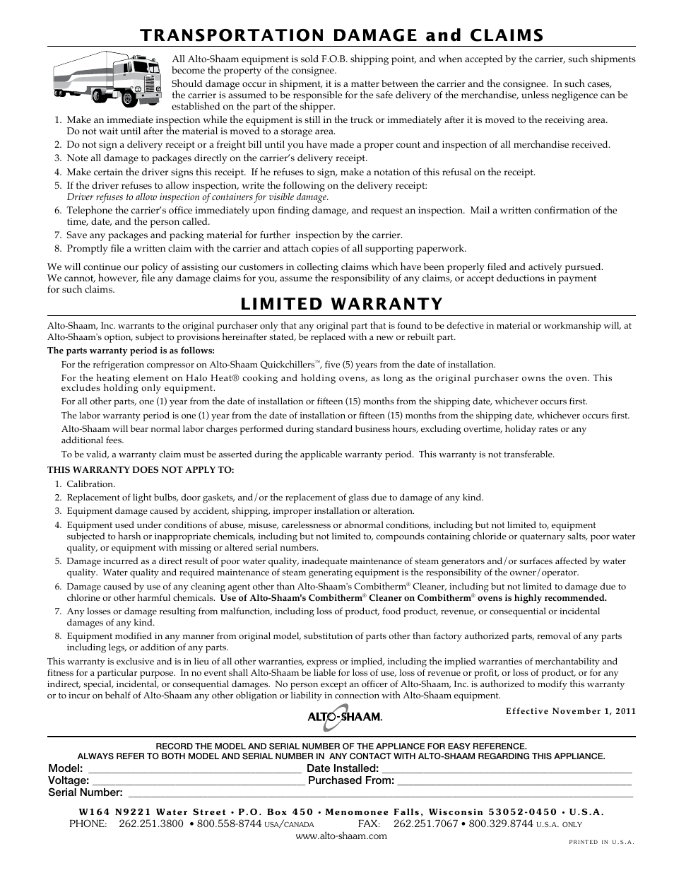 Transportation damage and claims, Limited warranty | Alto-Shaam HALO HEAT 500-TH-II User Manual | Page 28 / 28