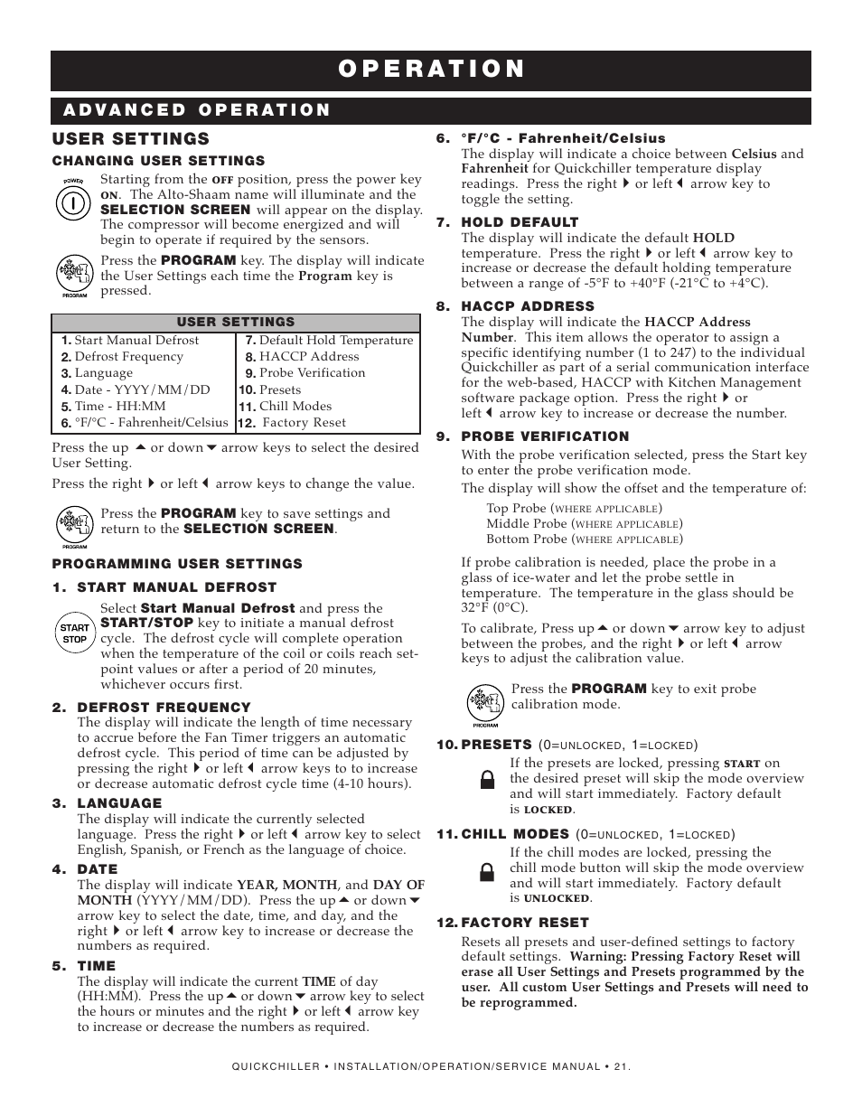 User settings | Alto-Shaam QuickChiller QC-50 User Manual | Page 23 / 60