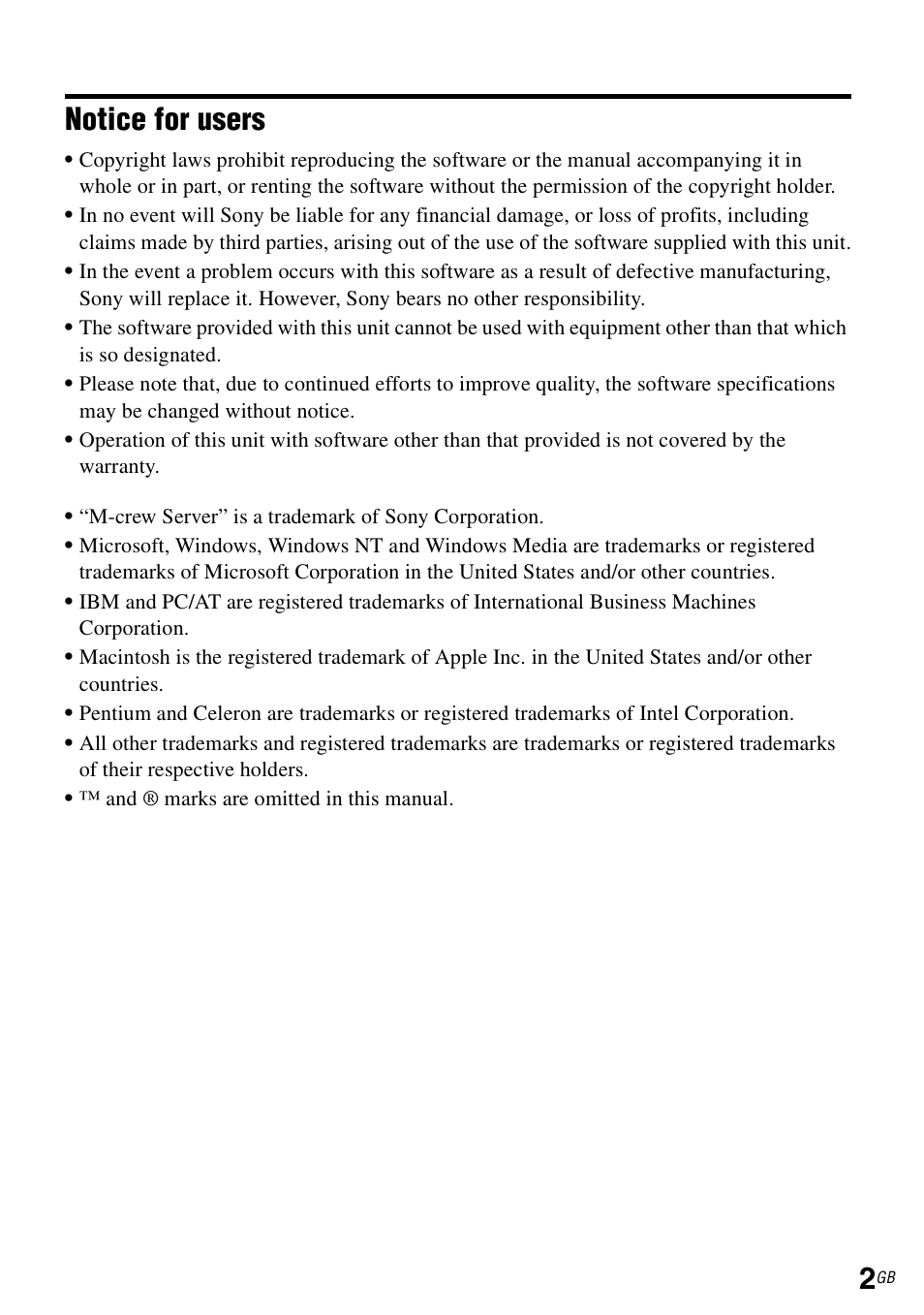 Notice for users | Sony TDM-NC1 User Manual | Page 2 / 483