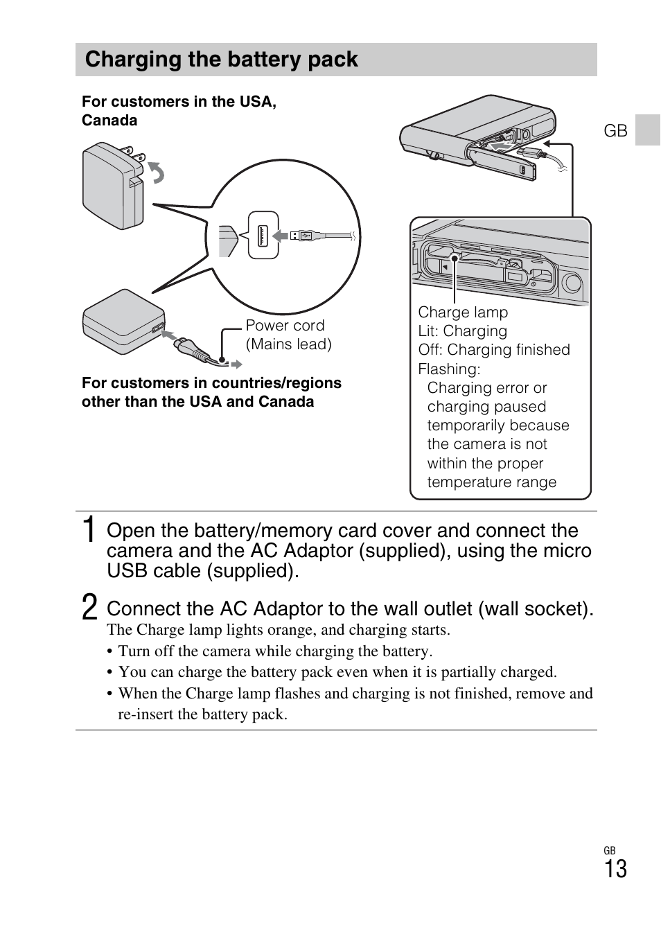 Charging the battery pack | Sony DSC-TX30 User Manual | Page 13 / 643