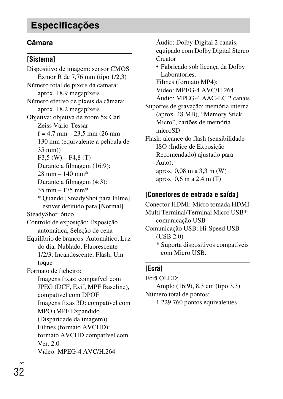 Especificações | Sony DSC-TX30 User Manual | Page 178 / 643