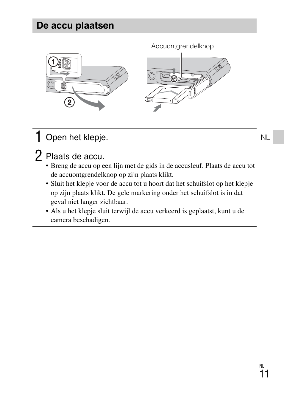 De accu plaatsen | Sony DSC-TX30 User Manual | Page 227 / 643