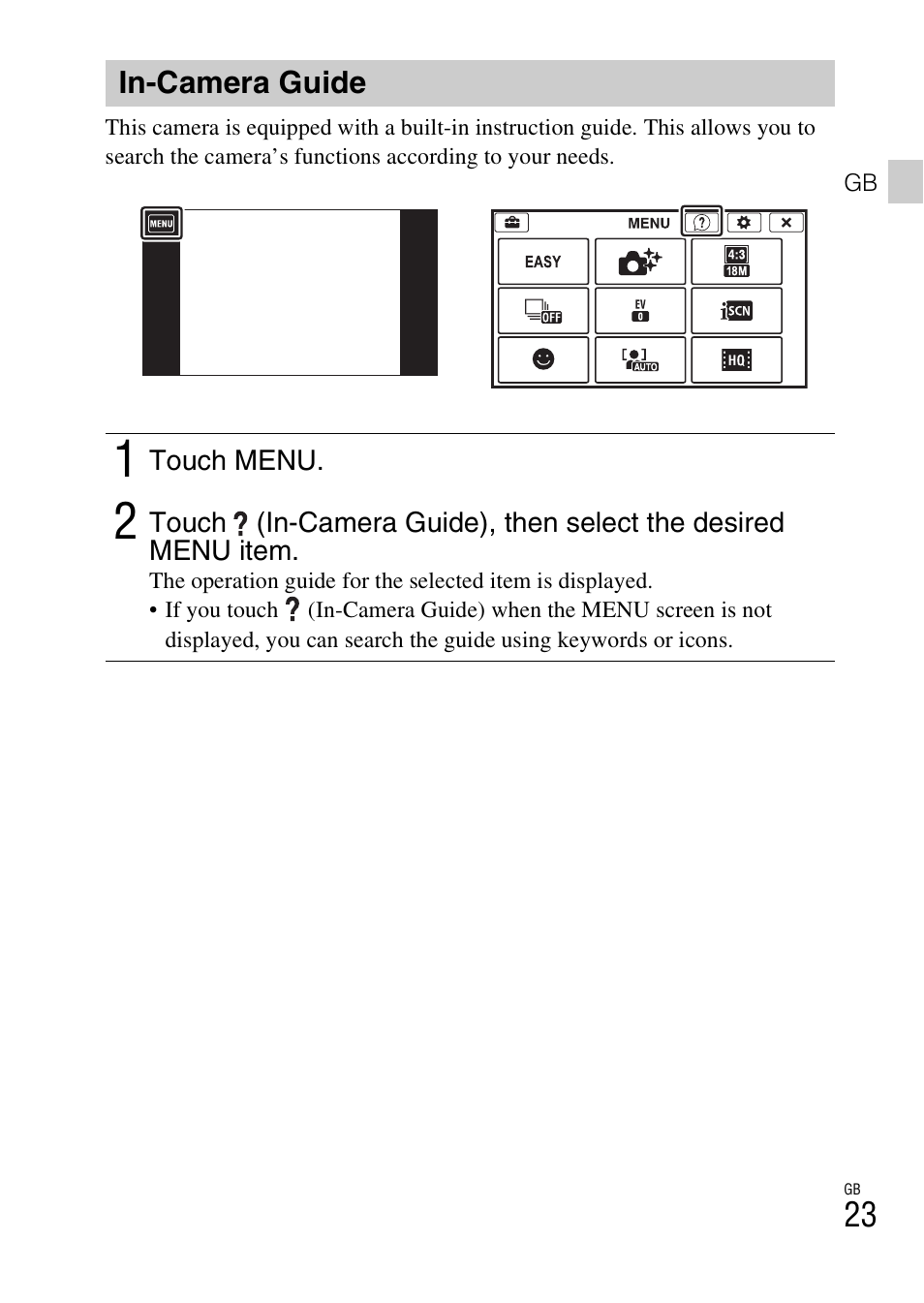 In-camera guide | Sony DSC-TX30 User Manual | Page 23 / 643