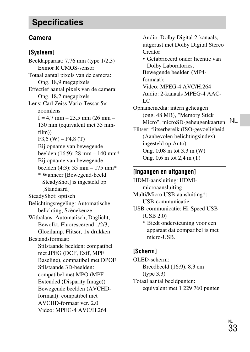 Specificaties | Sony DSC-TX30 User Manual | Page 249 / 643