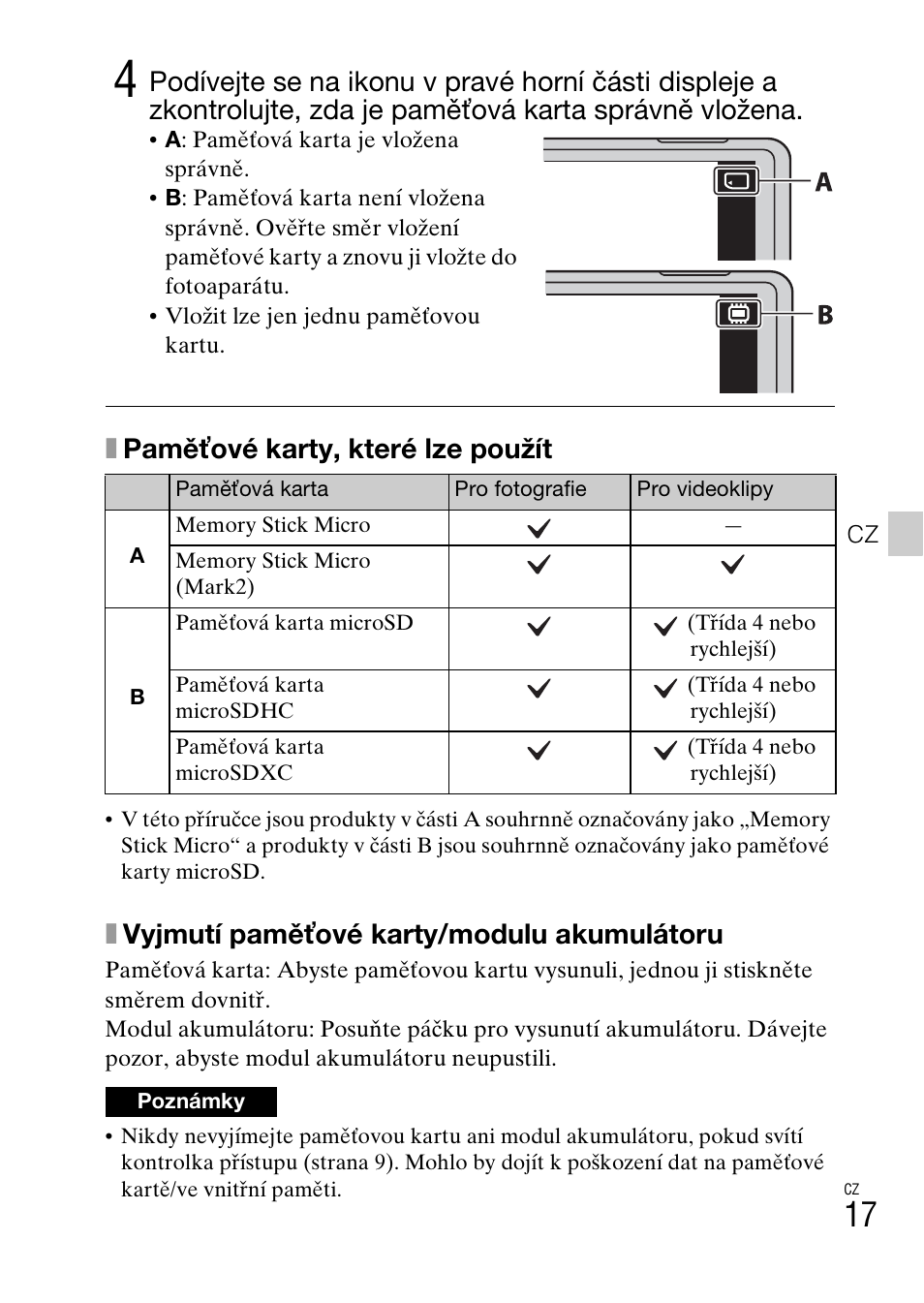 Xpaměťové karty, které lze použít, Xvyjmutí paměťové karty/modulu akumulátoru | Sony DSC-TX30 User Manual | Page 303 / 643
