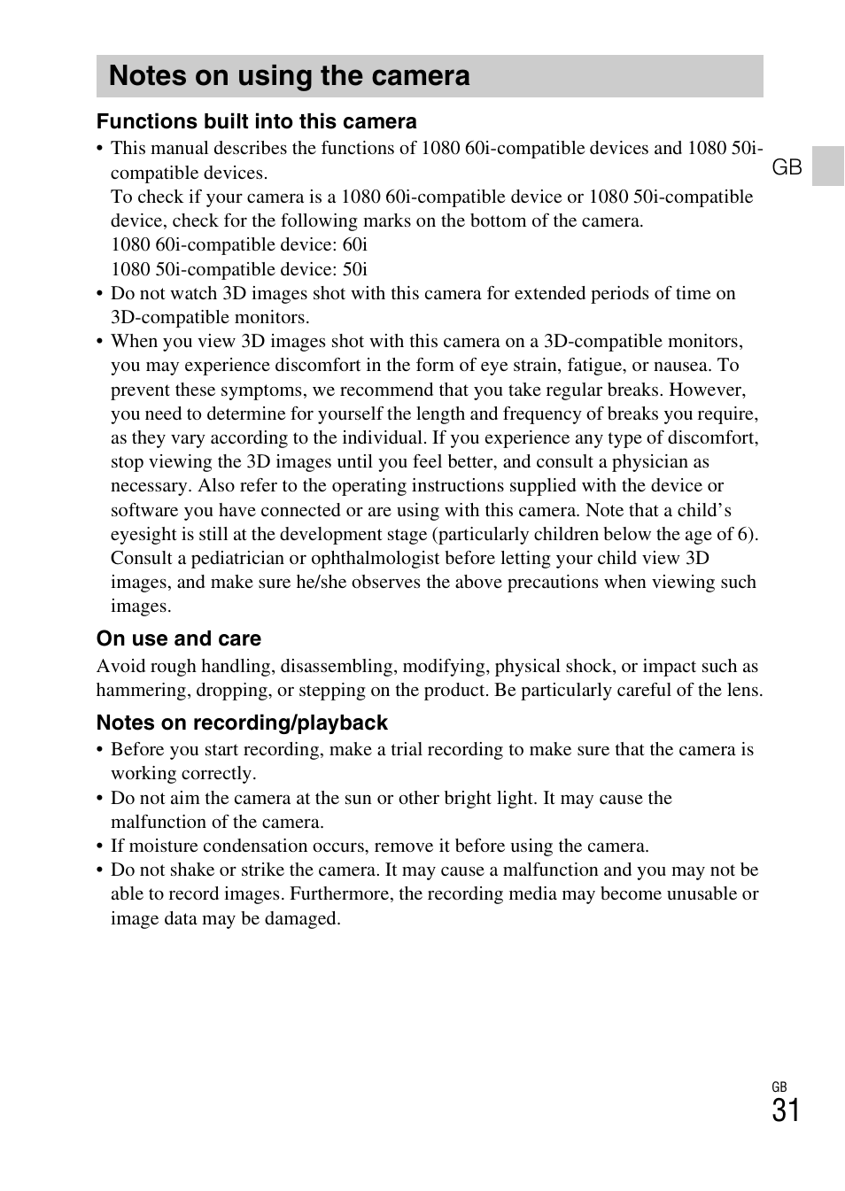 Notes on using the camera | Sony DSC-TX30 User Manual | Page 31 / 643