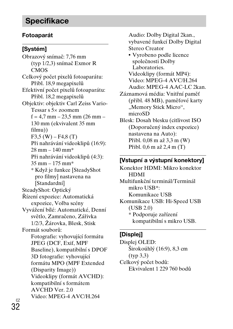 Specifikace | Sony DSC-TX30 User Manual | Page 318 / 643