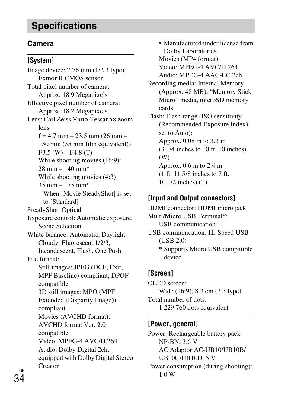 Specifications | Sony DSC-TX30 User Manual | Page 34 / 643