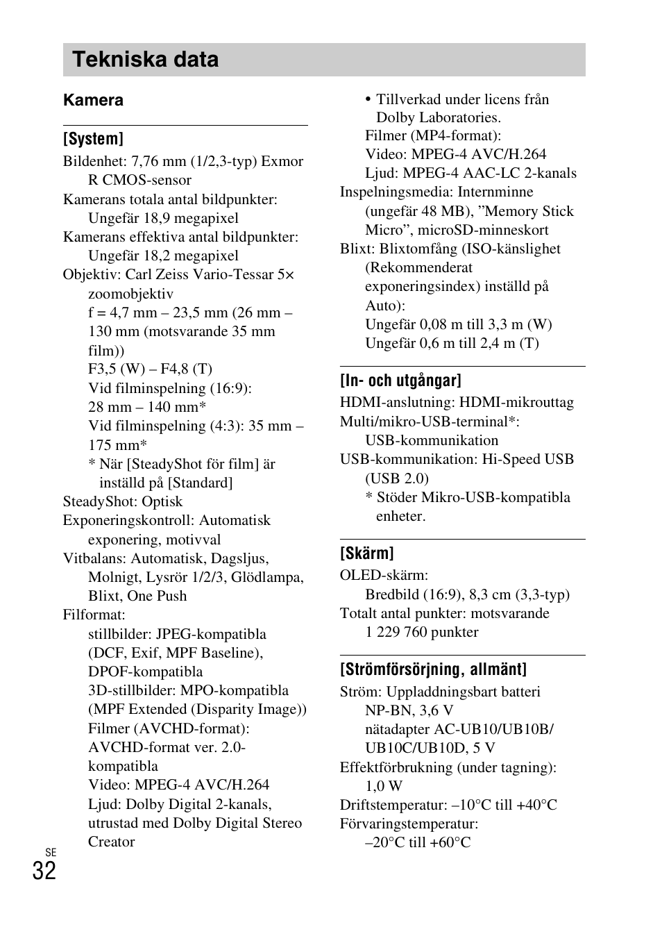 Tekniska data | Sony DSC-TX30 User Manual | Page 426 / 643