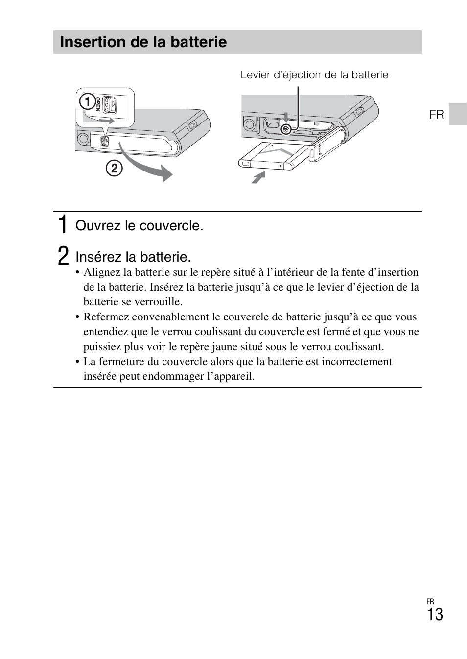Insertion de la batterie | Sony DSC-TX30 User Manual | Page 49 / 643