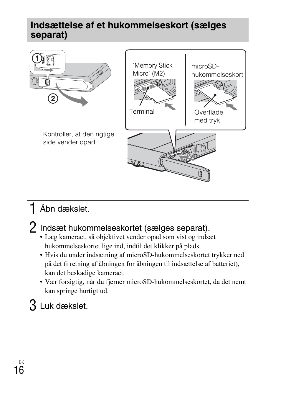 Indsættelse af et hukommelseskort (sælges separat) | Sony DSC-TX30 User Manual | Page 512 / 643