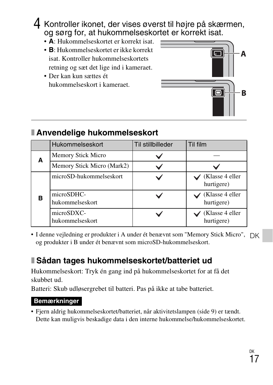 Xanvendelige hukommelseskort, Xsådan tages hukommelseskortet/batteriet ud | Sony DSC-TX30 User Manual | Page 513 / 643