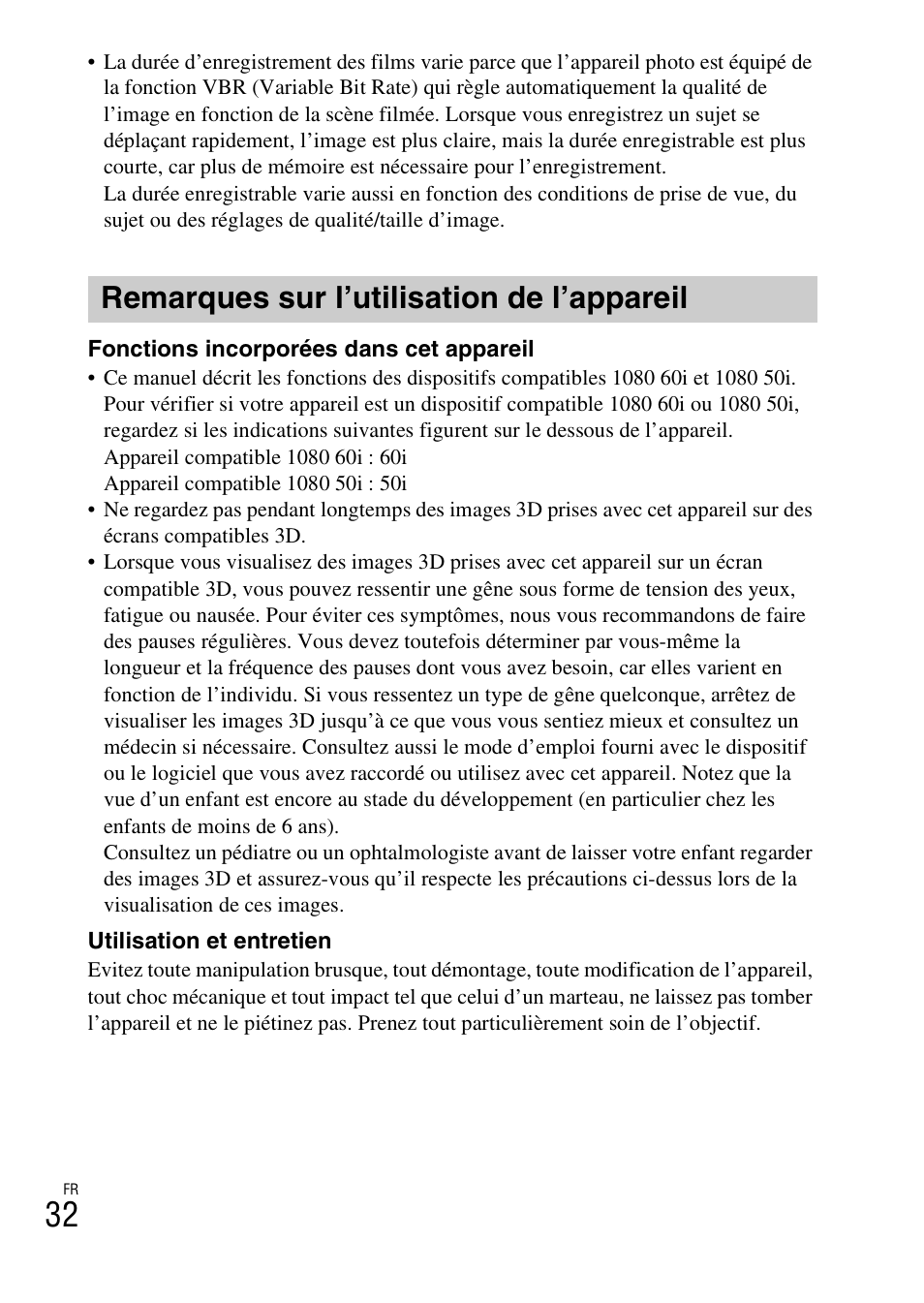 Remarques sur l’utilisation de l’appareil | Sony DSC-TX30 User Manual | Page 68 / 643