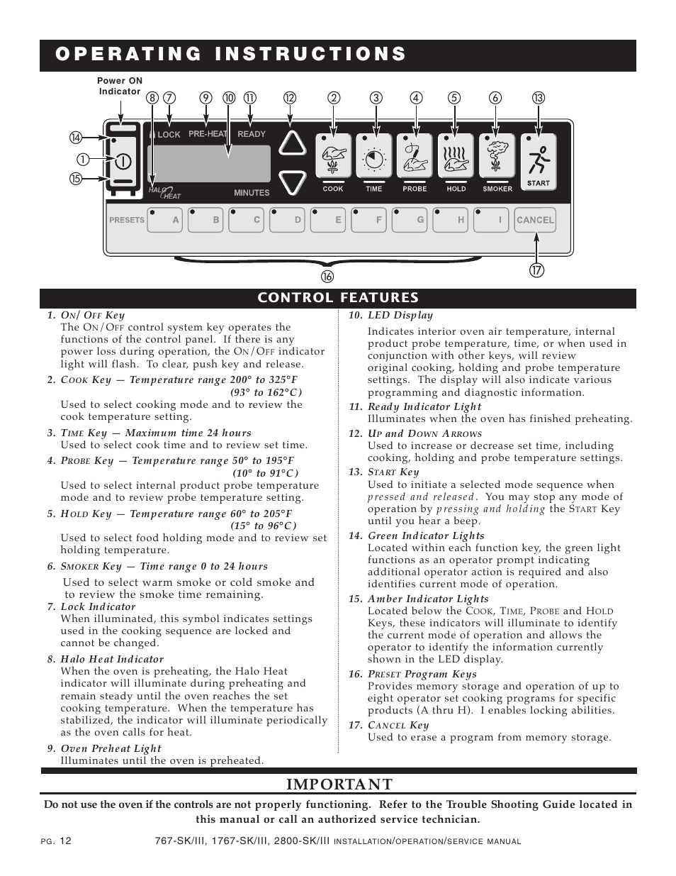 Important, Control features | Alto-Shaam 1767-SK/III User Manual | Page 13 / 39