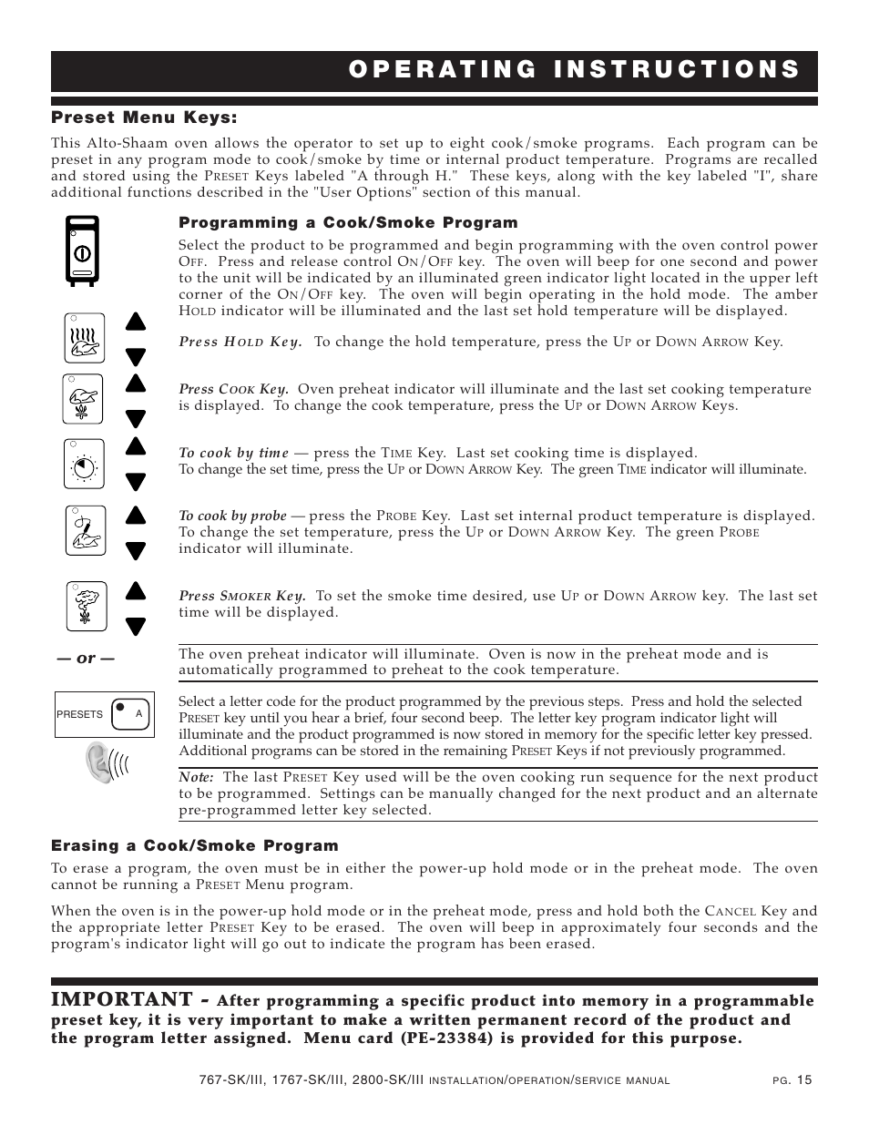 Important, Preset menu keys | Alto-Shaam 1767-SK/III User Manual | Page 16 / 39