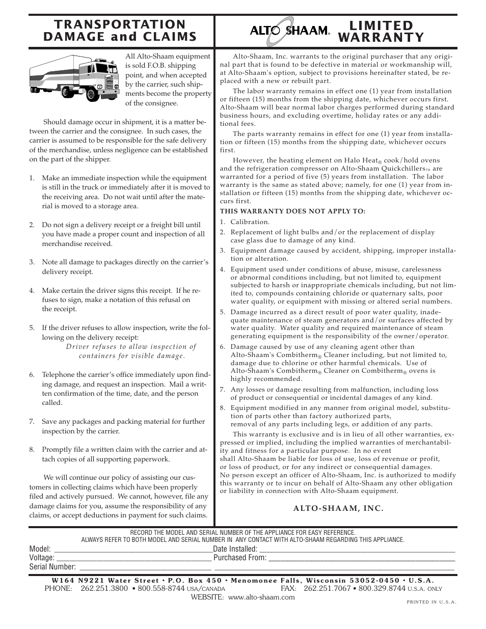 Limited warranty, Transportation damage and claims | Alto-Shaam 1767-SK/III User Manual | Page 39 / 39