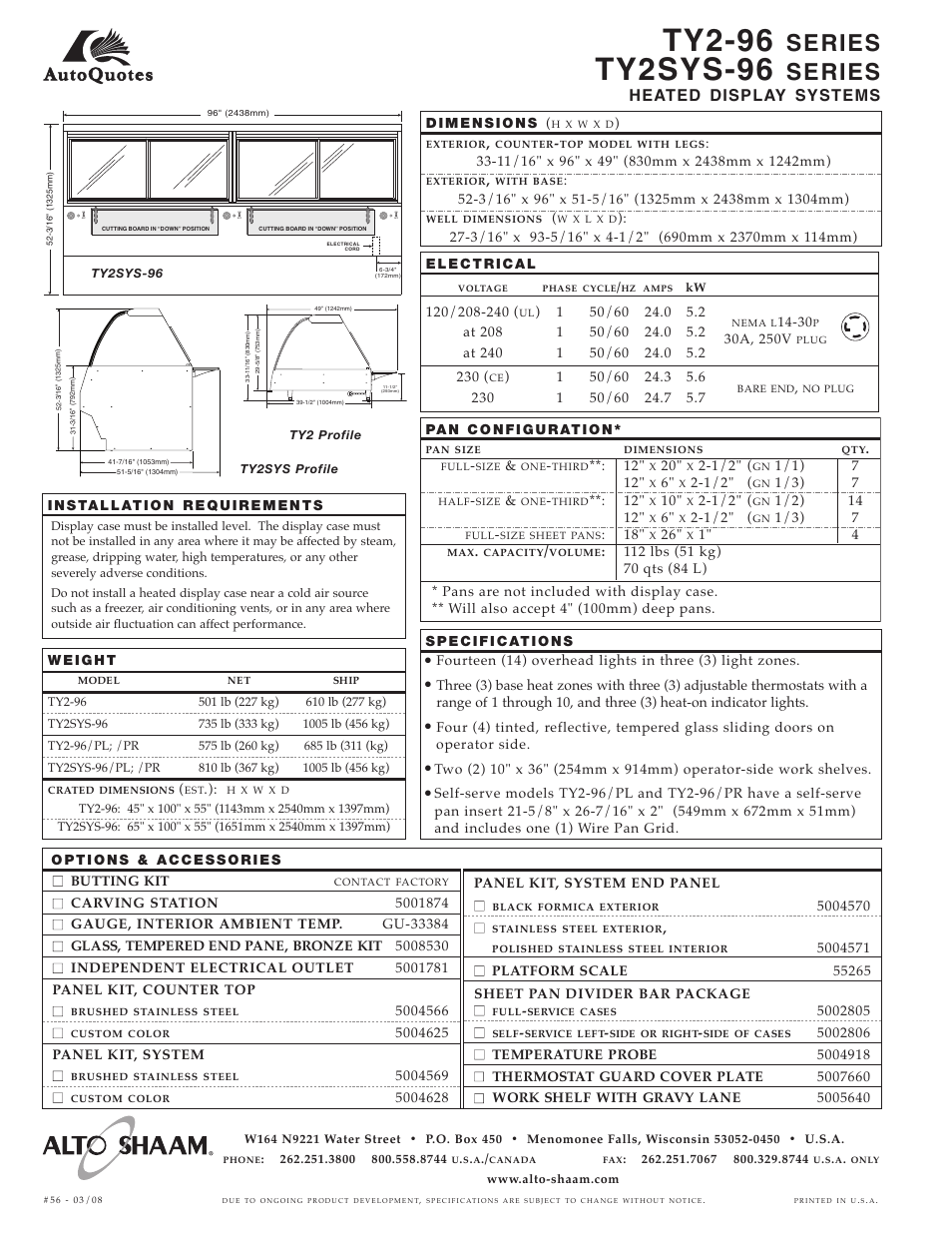 Ty2-96, Ty2sys-96, Series | Heated display systems, On off on off on off, On off on off | Alto-Shaam TY2-96 User Manual | Page 2 / 2