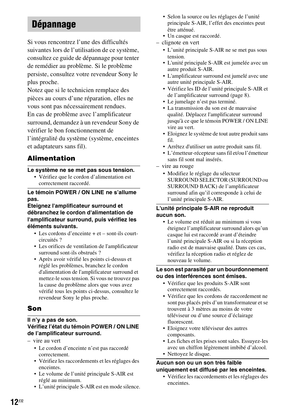 Dépannage, Alimentation | Sony WAHT-SA1 User Manual | Page 12 / 60