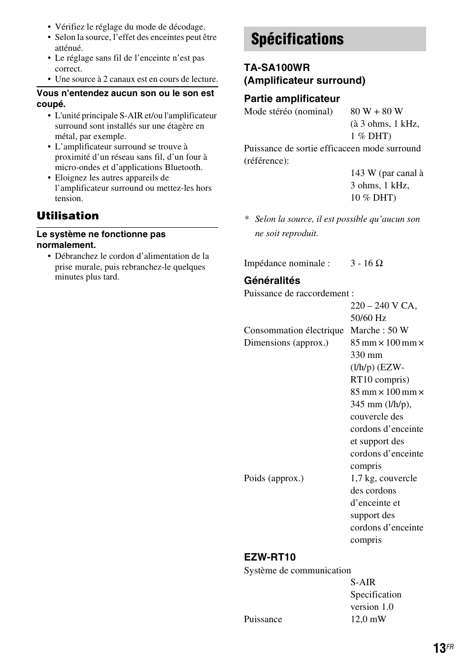 Spécifications | Sony WAHT-SA1 User Manual | Page 13 / 60