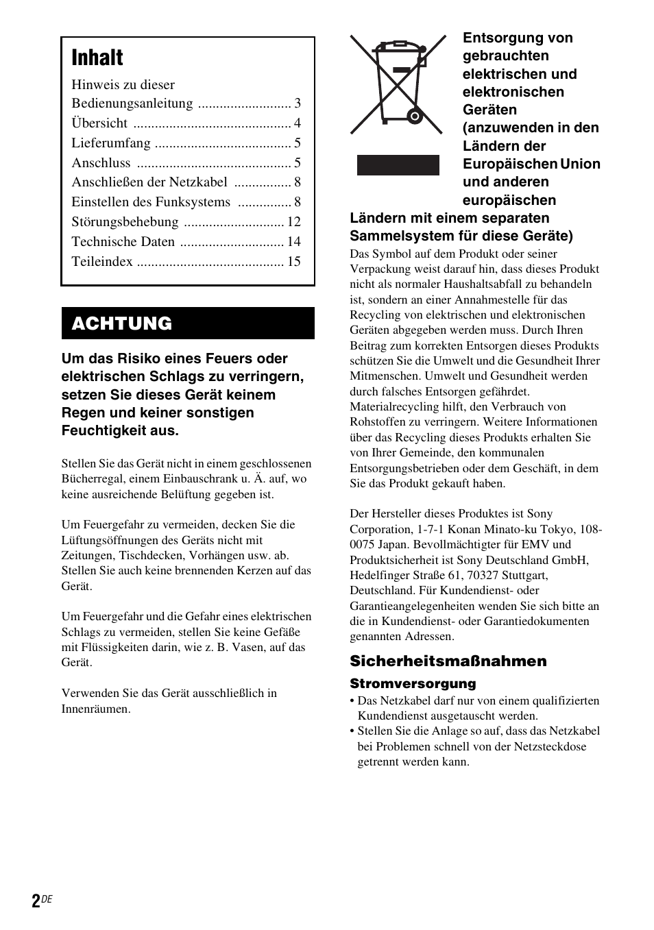 Achtung, Inhalt | Sony WAHT-SA1 User Manual | Page 16 / 60