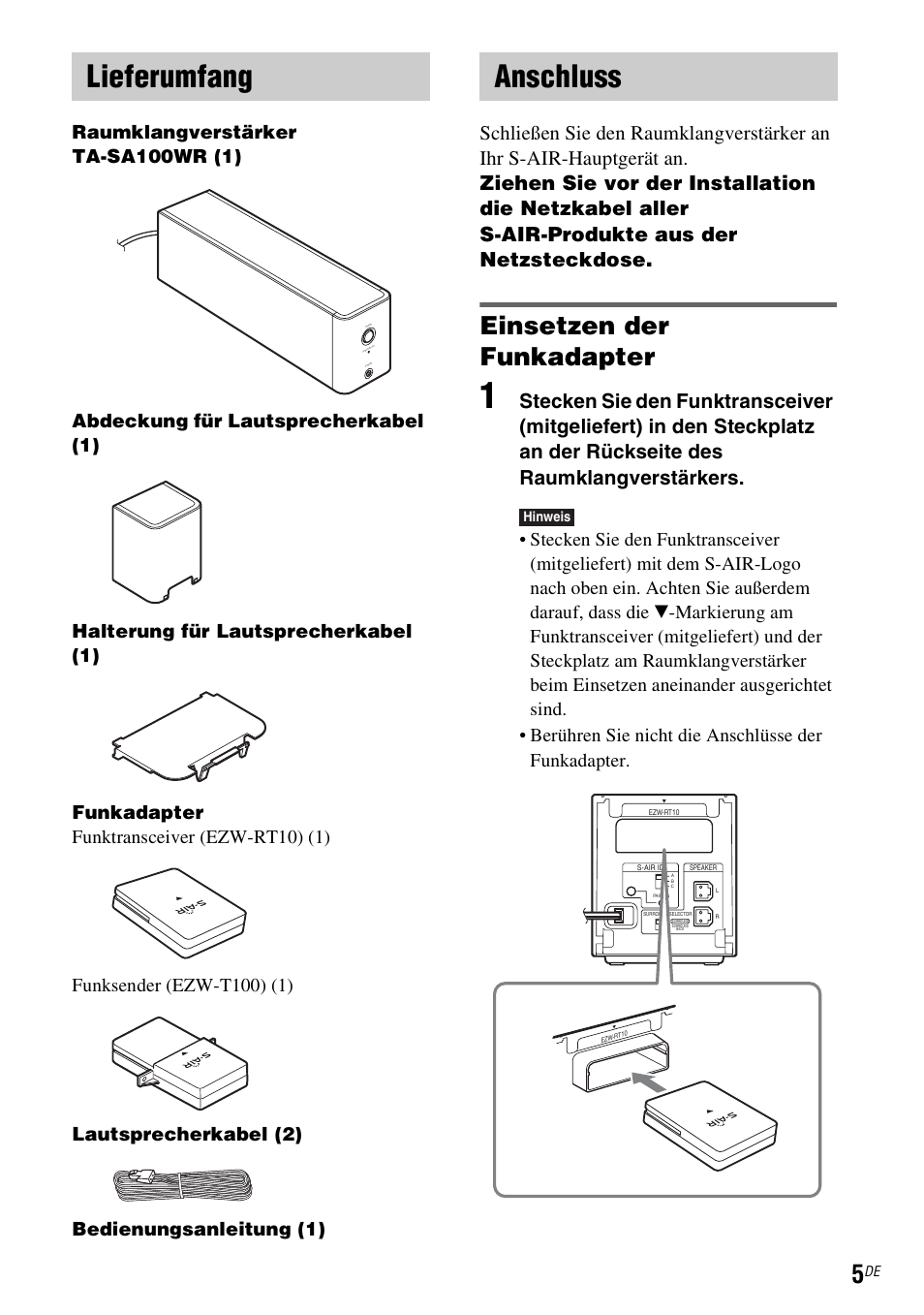 Lieferumfang, Anschluss, Einsetzen der funkadapter | Sony WAHT-SA1 User Manual | Page 19 / 60