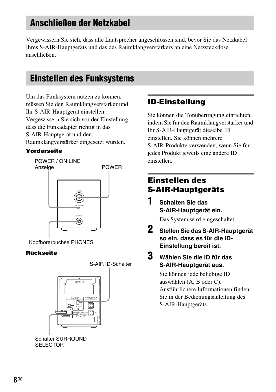 Anschließen der netzkabel, Einstellen des funksystems, Id-einstellung | Einstellen des s-air-hauptgeräts, Vorderseite rückseite | Sony WAHT-SA1 User Manual | Page 22 / 60