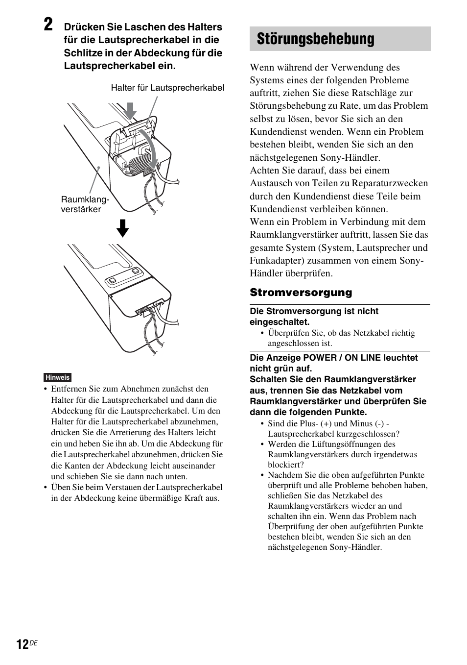 Störungsbehebung, Störungsbehebung“ (seite 12) | Sony WAHT-SA1 User Manual | Page 26 / 60