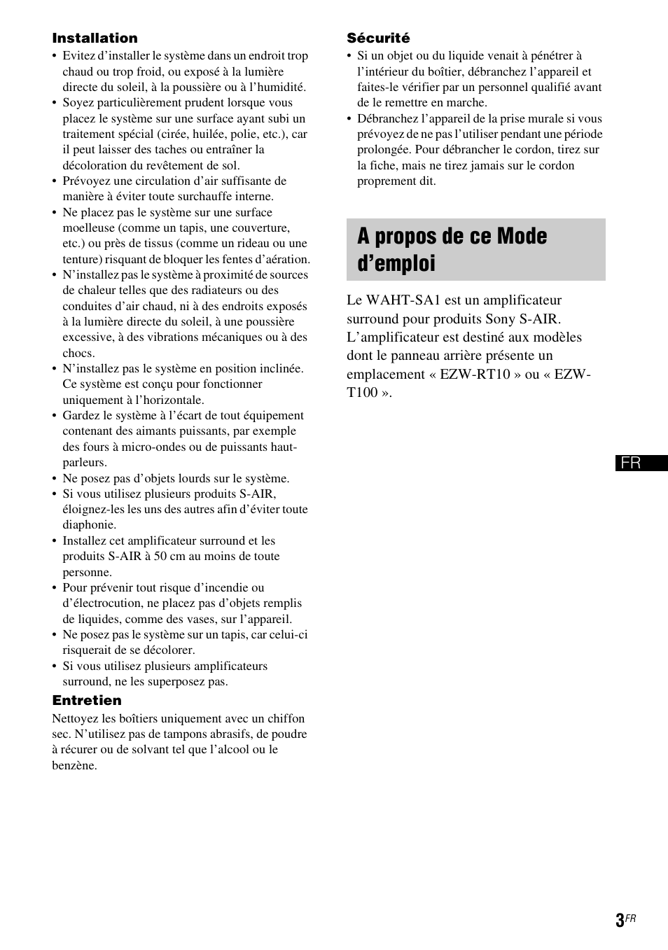 A propos de ce mode d’emploi | Sony WAHT-SA1 User Manual | Page 3 / 60