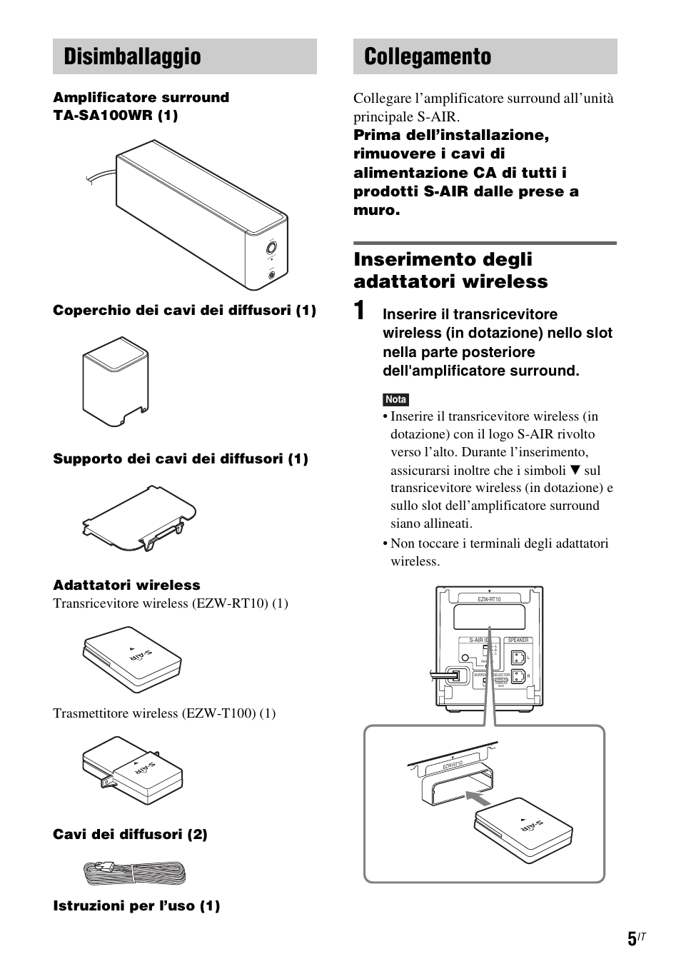 Disimballaggio, Collegamento, Inserimento degli adattatori wireless | Sony WAHT-SA1 User Manual | Page 33 / 60