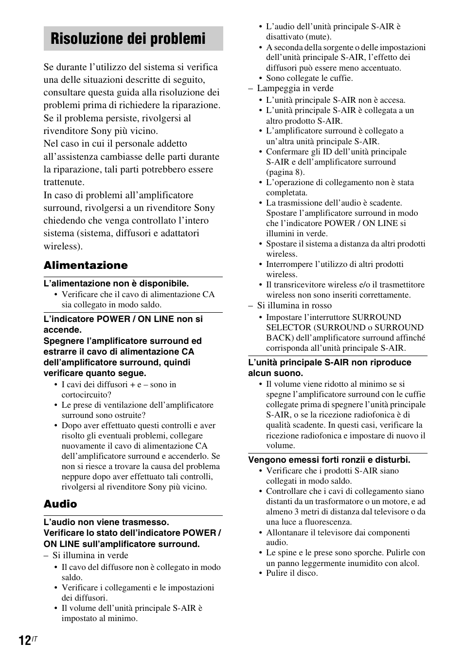 Risoluzione dei problemi, Alimentazione, Audio | Sony WAHT-SA1 User Manual | Page 40 / 60