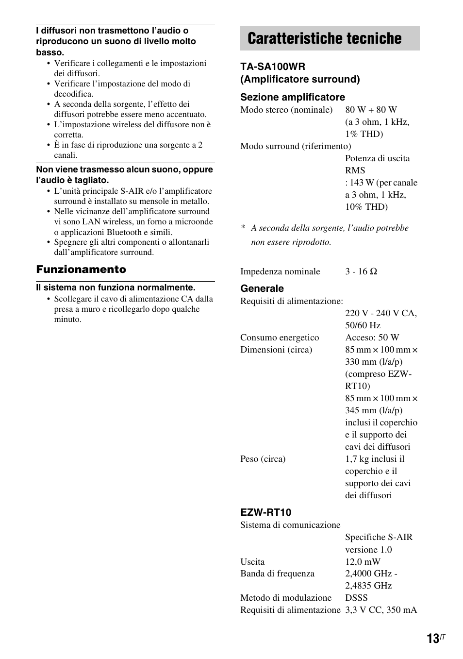Caratteristiche tecniche | Sony WAHT-SA1 User Manual | Page 41 / 60