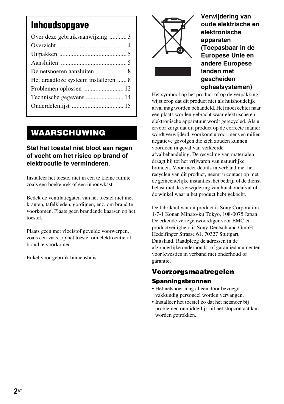 Waarschuwing, Inhoudsopgave | Sony WAHT-SA1 User Manual | Page 44 / 60