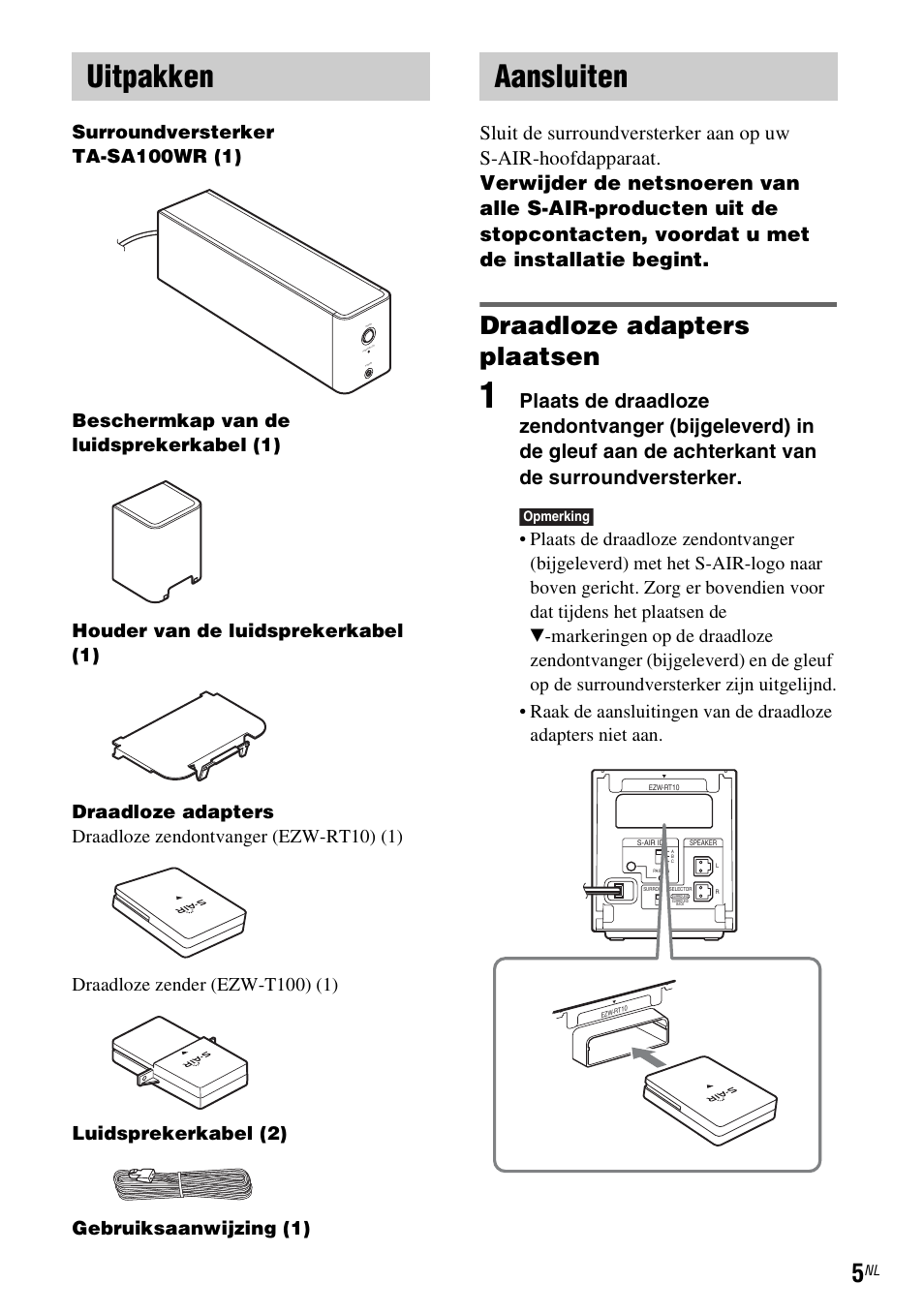 Uitpakken, Aansluiten, Draadloze adapters plaatsen | Sony WAHT-SA1 User Manual | Page 47 / 60