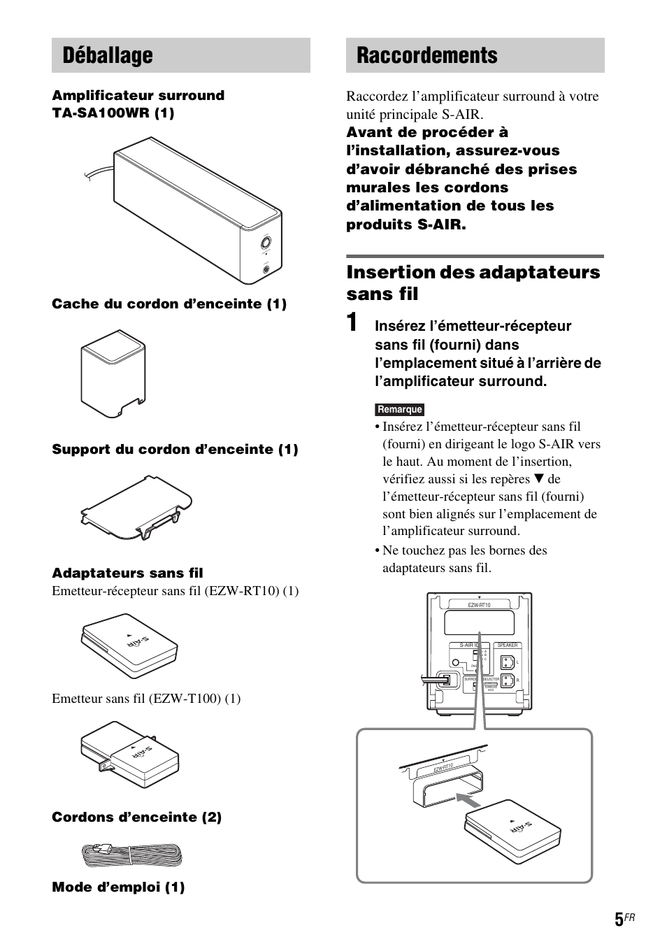 Déballage, Raccordements, Insertion des adaptateurs sans fil | Sony WAHT-SA1 User Manual | Page 5 / 60