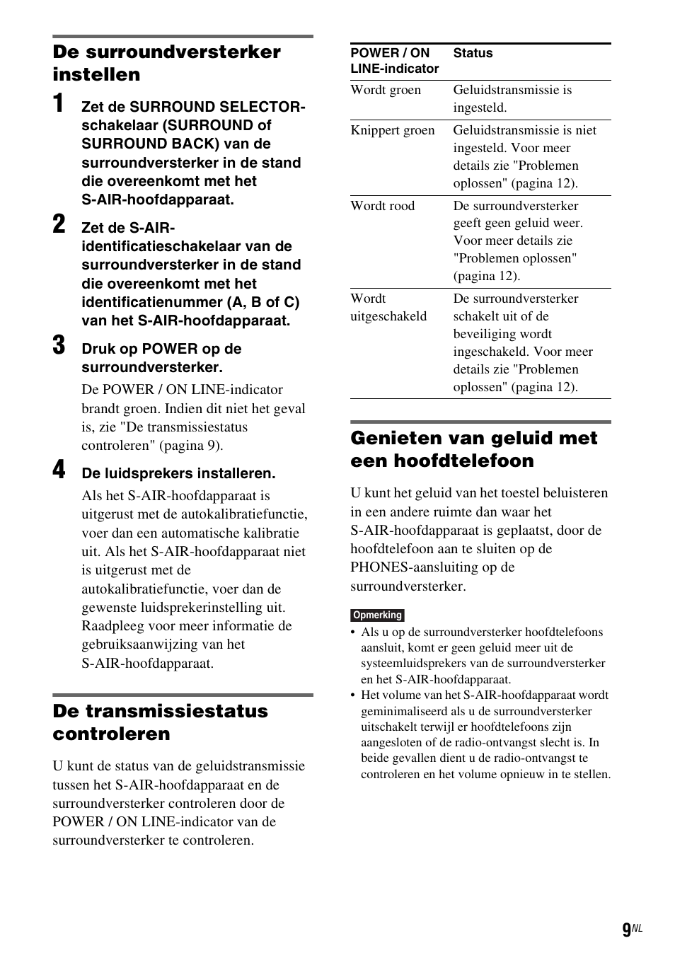 De surroundversterker instellen, De transmissiestatus controleren, Genieten van geluid met een hoofdtelefoon | Sony WAHT-SA1 User Manual | Page 51 / 60