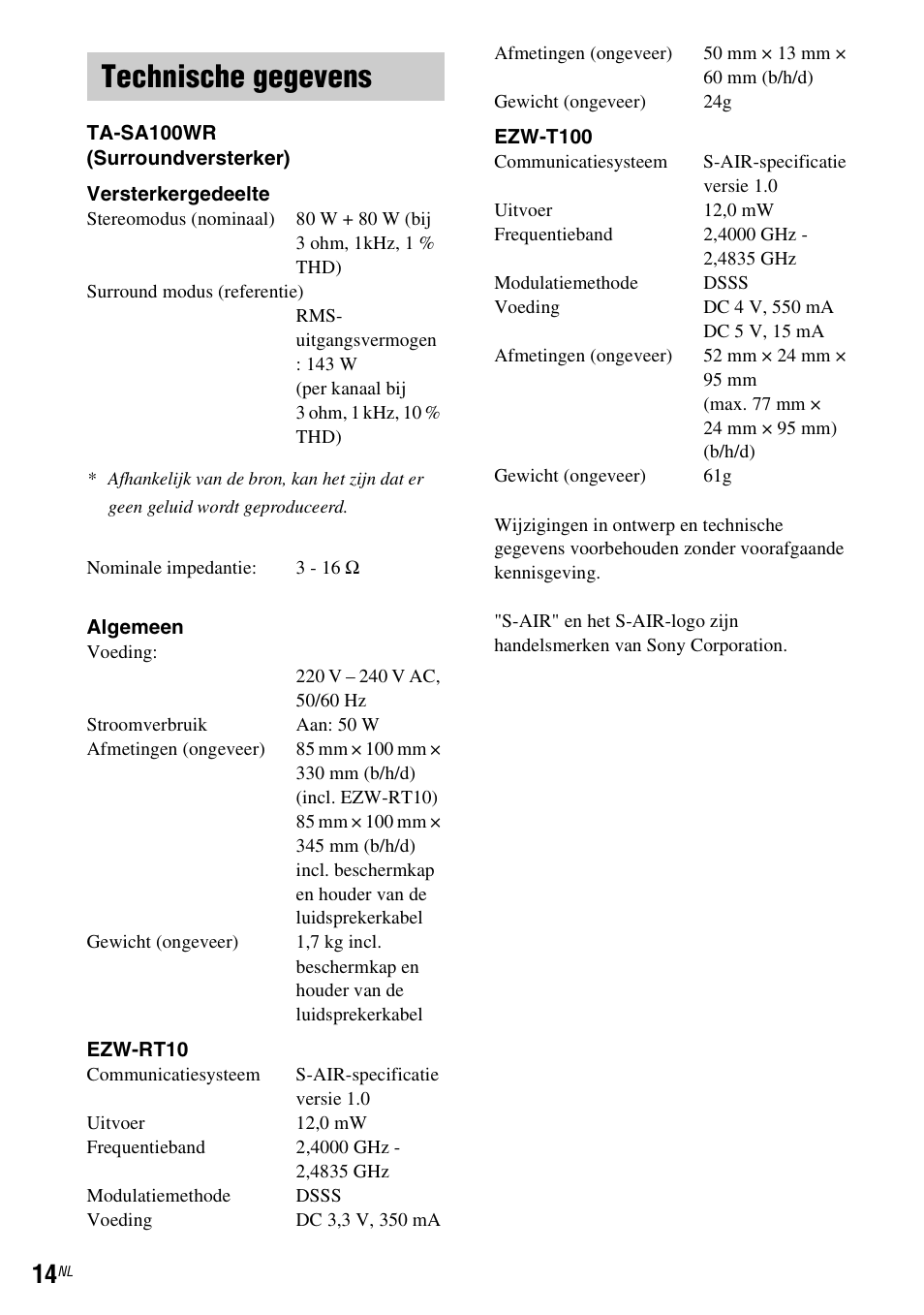 Technische gegevens | Sony WAHT-SA1 User Manual | Page 56 / 60