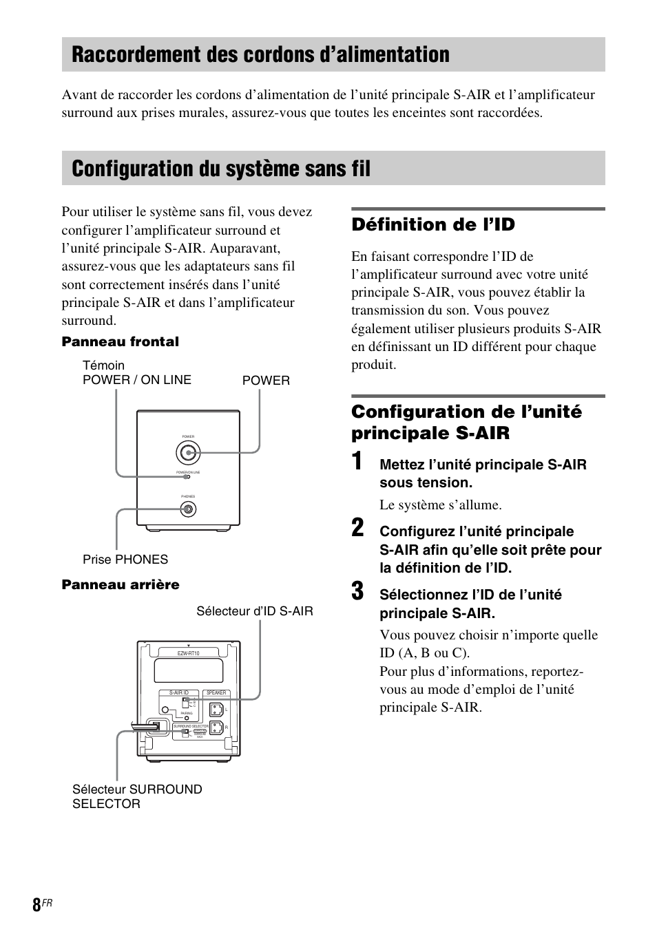 Raccordement des cordons d’alimentation, Configuration du système sans fil, Définition de l’id | Configuration de l’unité principale s-air, Panneau frontal panneau arrière | Sony WAHT-SA1 User Manual | Page 8 / 60
