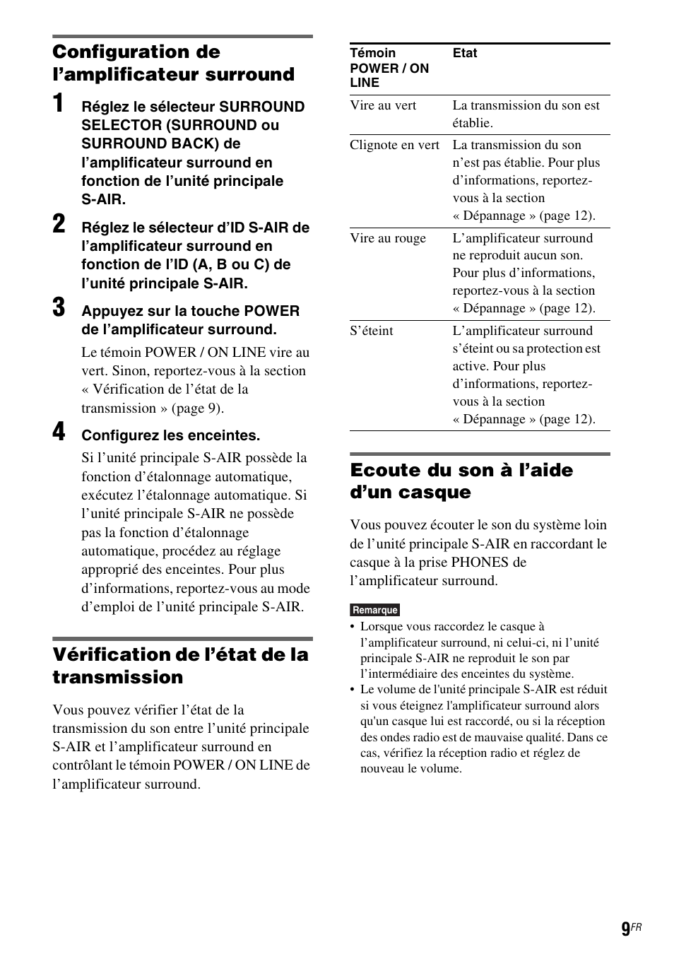 Configuration de l’amplificateur surround, Vérification de l’état de la transmission, Ecoute du son à l’aide d’un casque | Sony WAHT-SA1 User Manual | Page 9 / 60