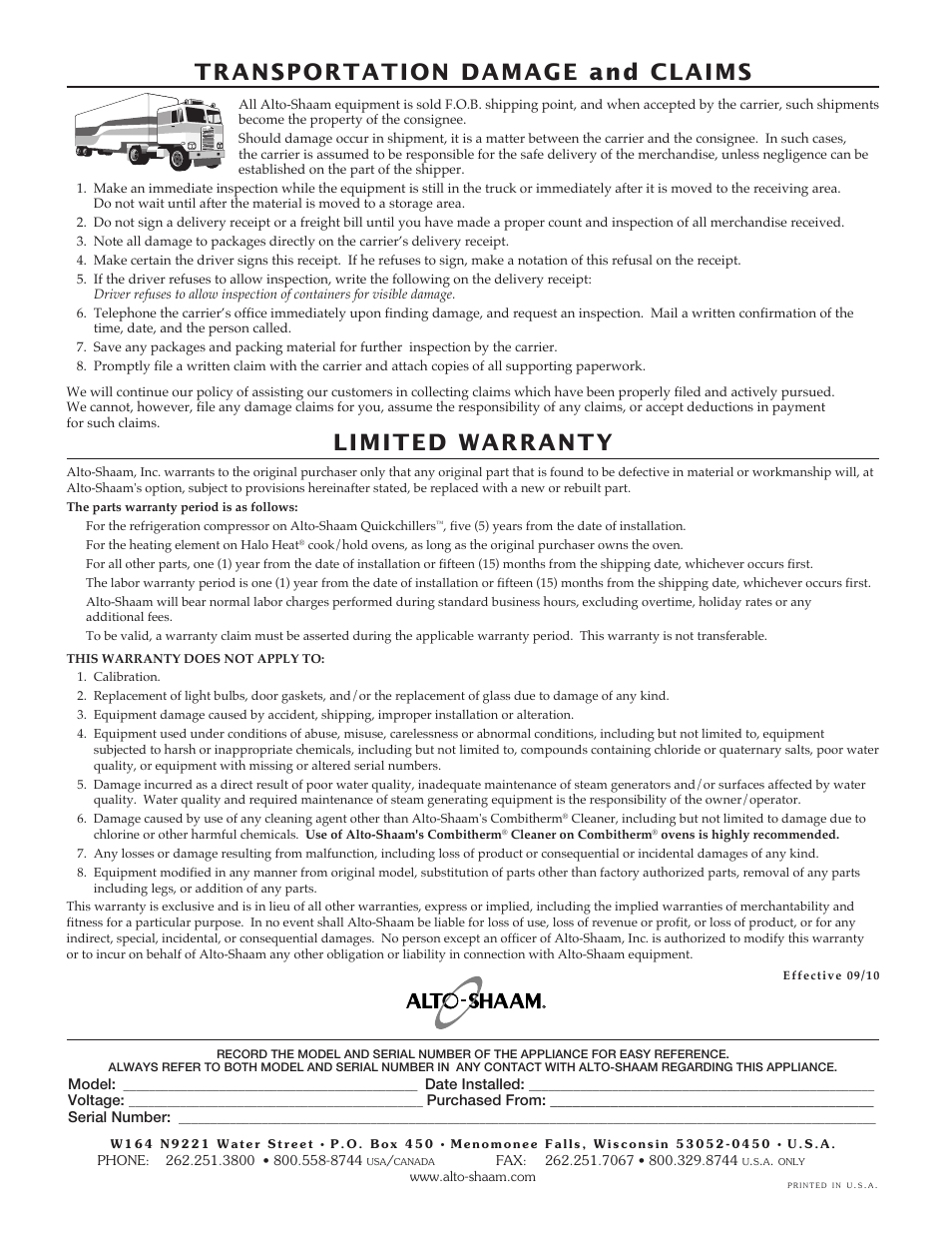 Transportation damage and claims, Limited warranty | Alto-Shaam PLATINUM SERIES ASC-2E User Manual | Page 30 / 30