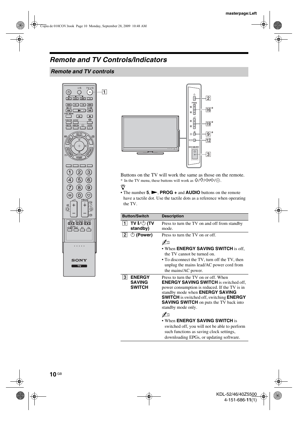 Remote and tv controls/indicators, Remote and tv controls | Sony KDL-52Z5800 User Manual | Page 10 / 175