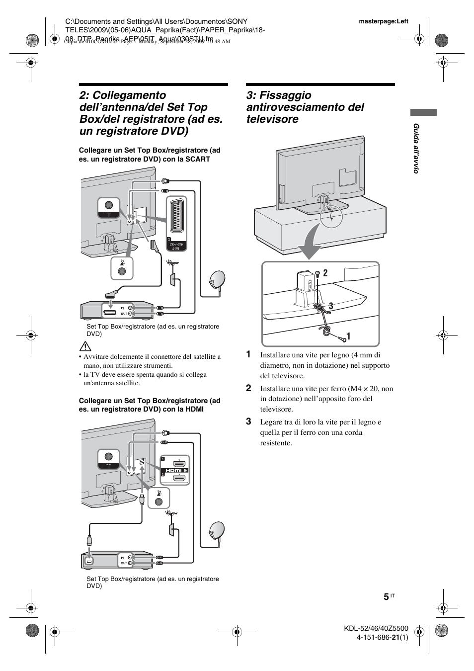 Fissaggio antirovesciamento del televisore | Sony KDL-52Z5800 User Manual | Page 104 / 175