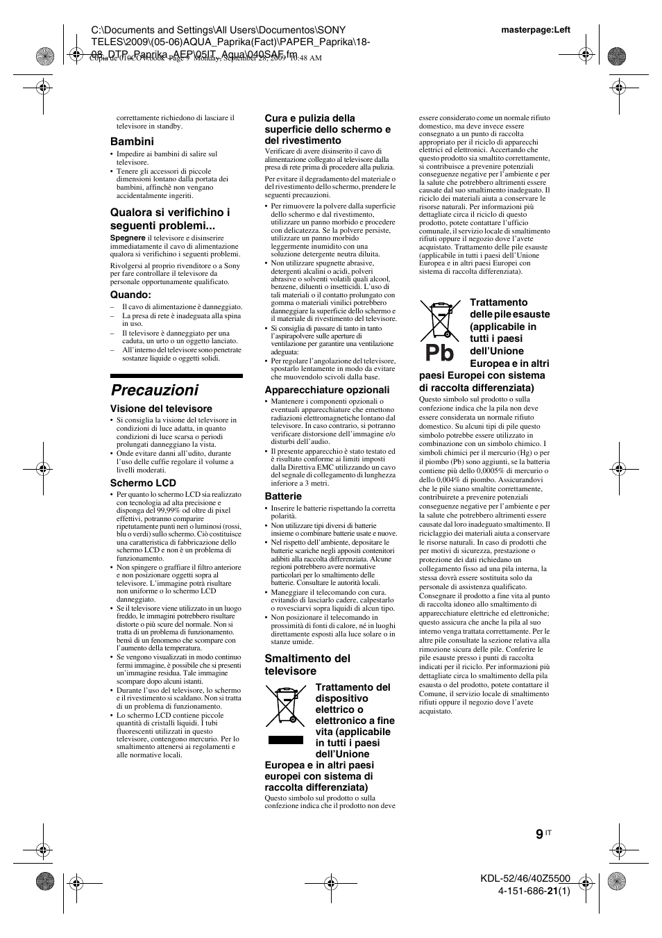 Precauzioni | Sony KDL-52Z5800 User Manual | Page 108 / 175