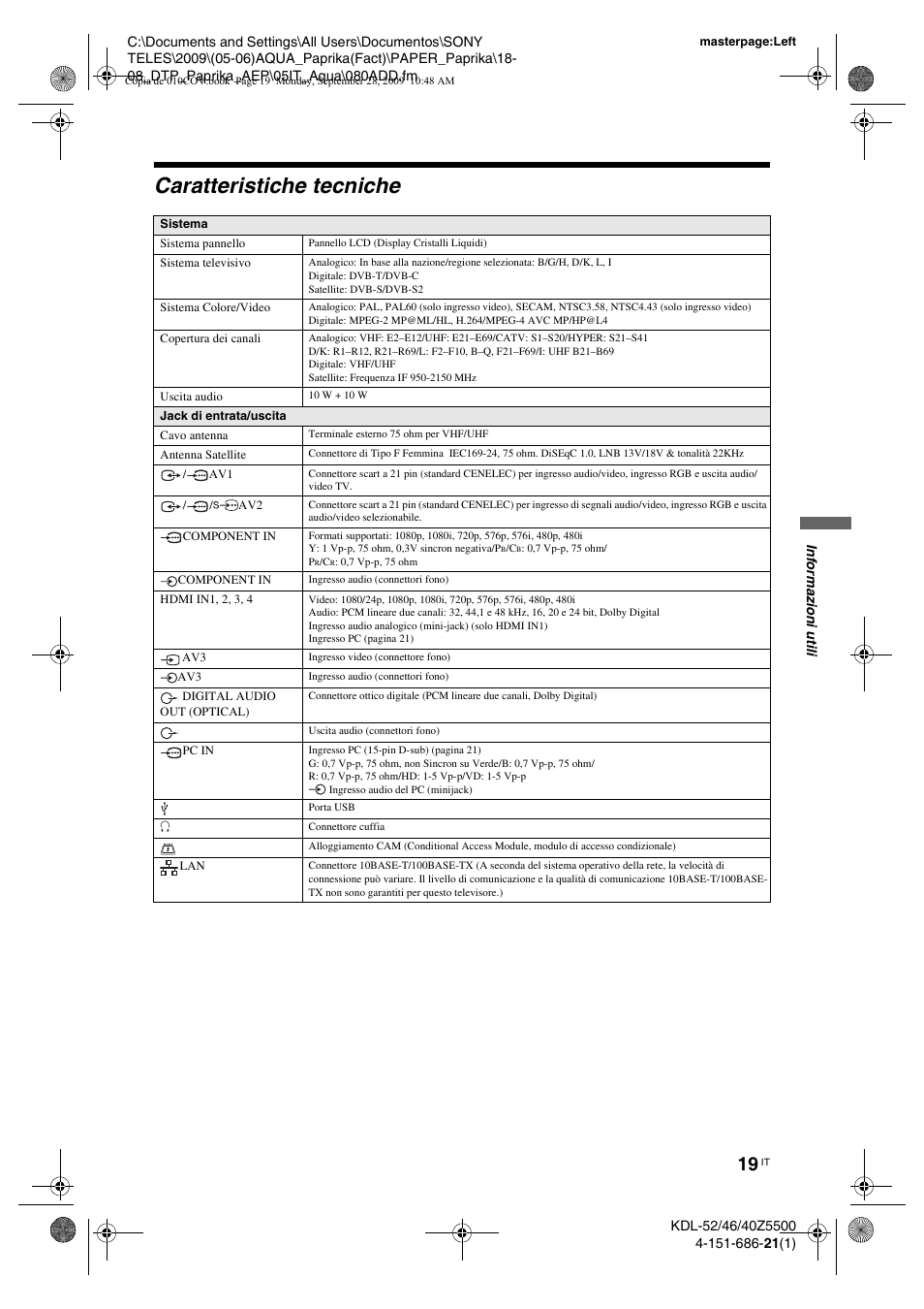 Caratteristiche tecniche | Sony KDL-52Z5800 User Manual | Page 118 / 175