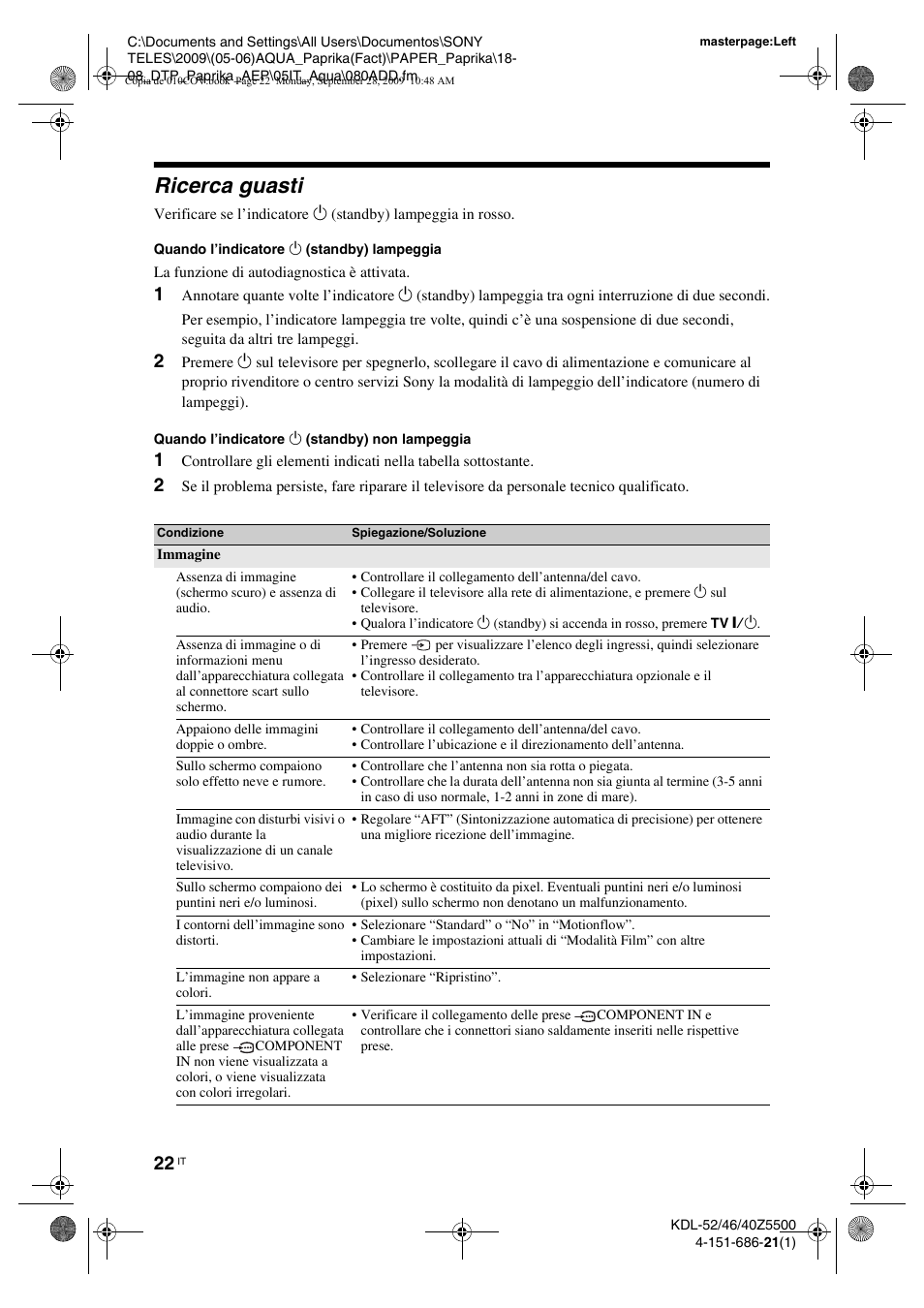 Ricerca guasti | Sony KDL-52Z5800 User Manual | Page 121 / 175